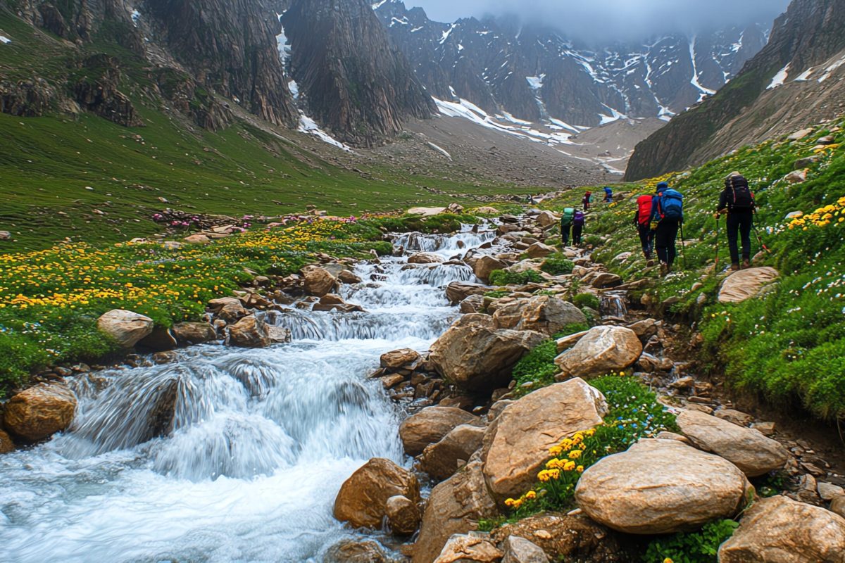 Hikers Ascending Mountain Pass with Flowered Meadow and Rocky Stream under Cloudy Sky in Broad Daylight